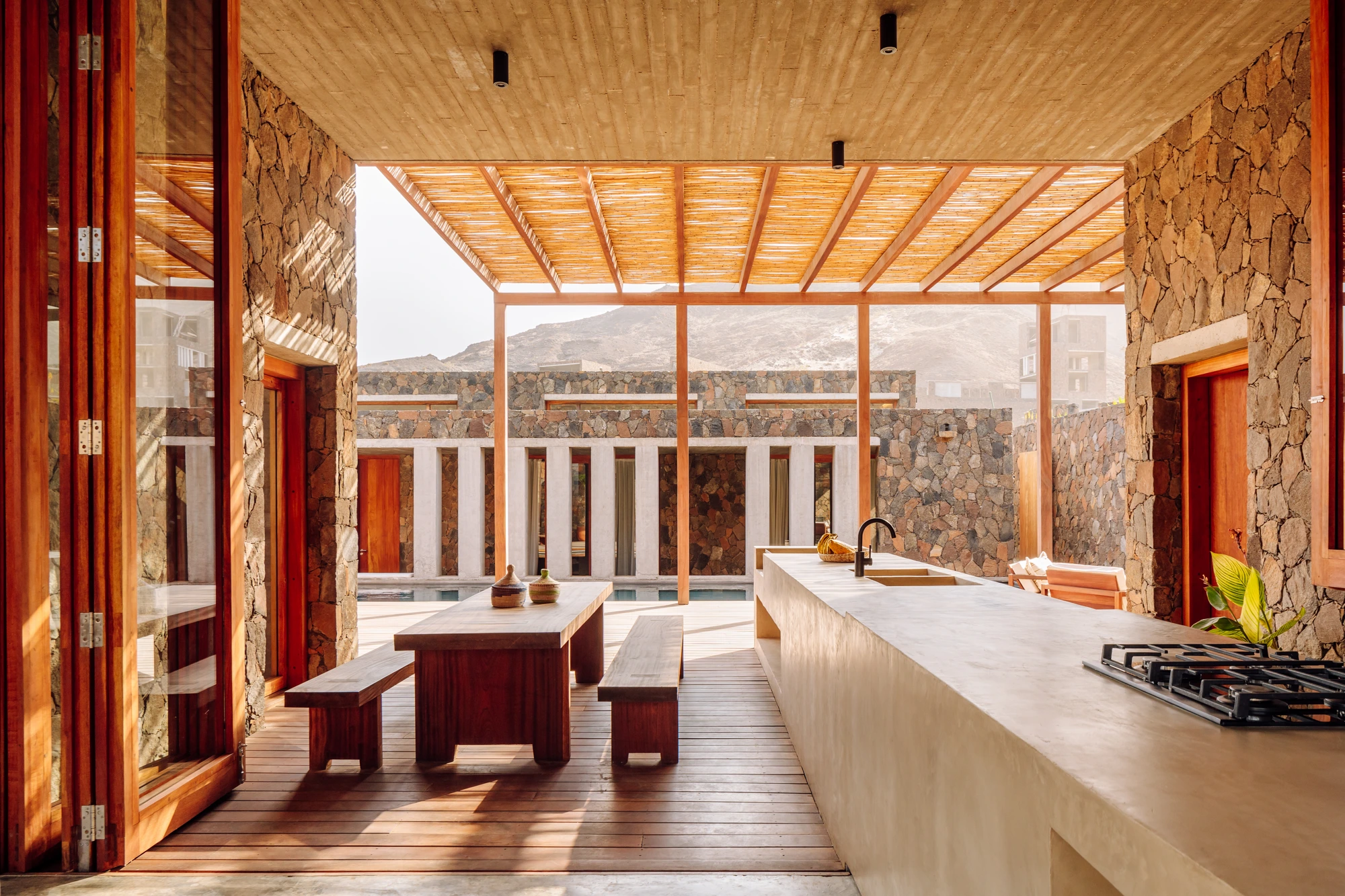 Cape Verde property to buy, dining room with wooden ceiling and Danish chairs on São Vicente